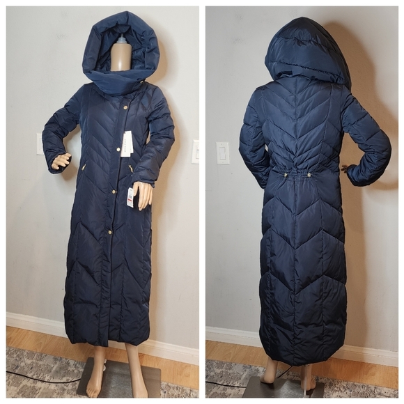NWT Cole Haan Down Maxi Hooded Chevron Puffer Navy Coat. Women's size XS - Picture 10 of 16